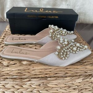 Lulu's Elegant Pearl Embellished Tan Mules